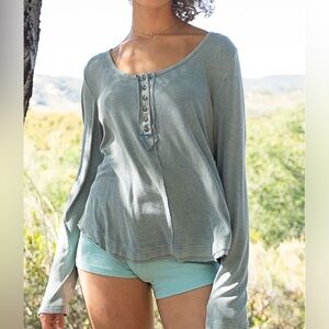POL Spruce Blue Relaxed Fit Ribbed Henley Long Sleeve Knit Top New Boutique